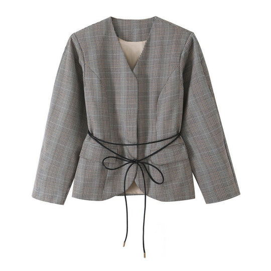 Damen Taillierte Glencheck-Blazerjacke mit V-Ausschnitt und Bindegürtel Shop Nory