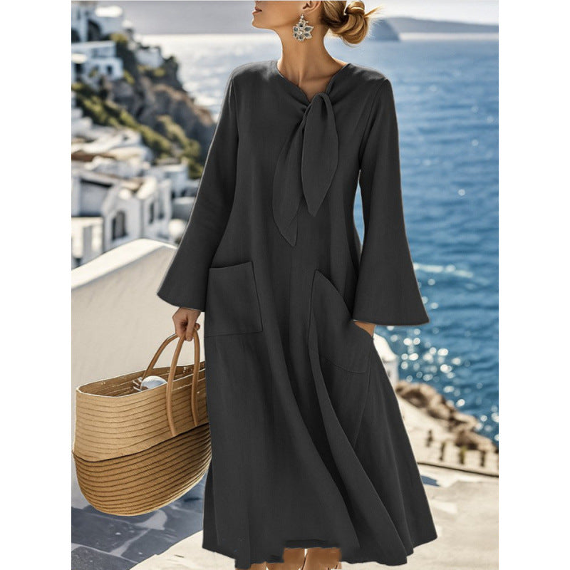 Damen Leichtes Maxikleid mit Bindeschleife, Glockenärmeln und aufgesetzten Taschen Shop Nory