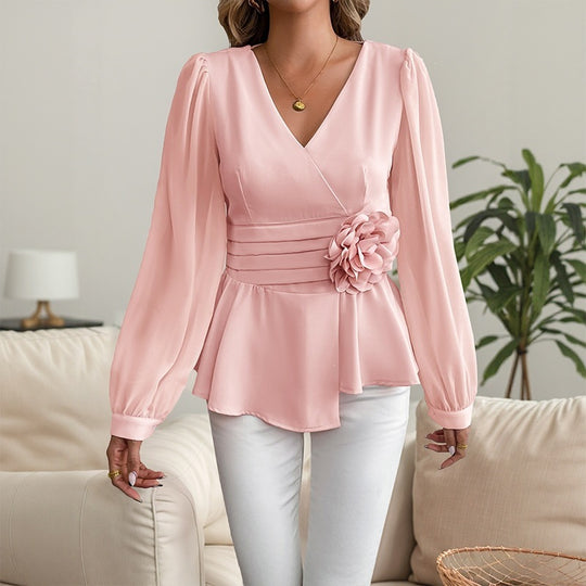 Damen Elegantes Oberteil mit Rüschendetails und Blumenapplikation Shop Nory