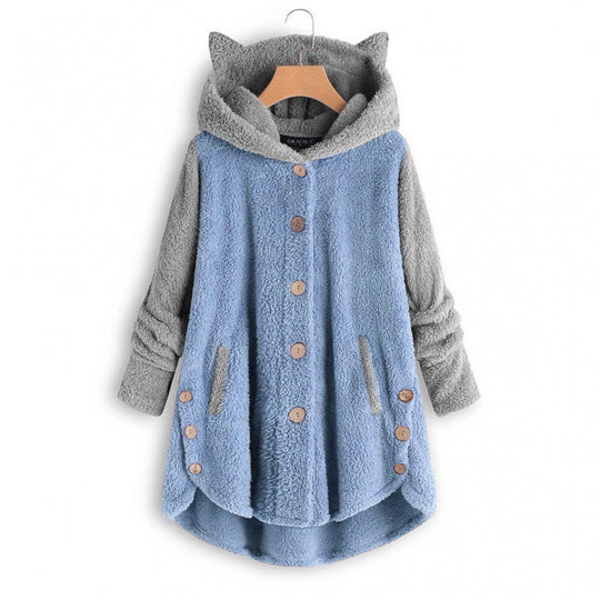 Damen Kuschelige Kapuzen‑Teddyjacke mit Katzenohren, Holzknopf‑Details und High‑Low‑Saum Shop Nory