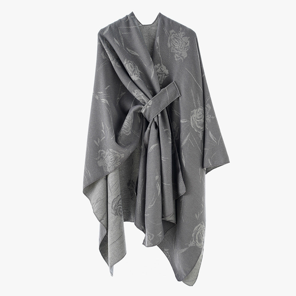 Damen Beidseitig tragbarer Jacquard-Überwurf mit Rosenmuster und Bindegürtel Shop Nory