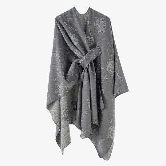 Damen Wendbarer Capeponcho mit Rosen-Jacquard und Bindegürtel Shop Nory