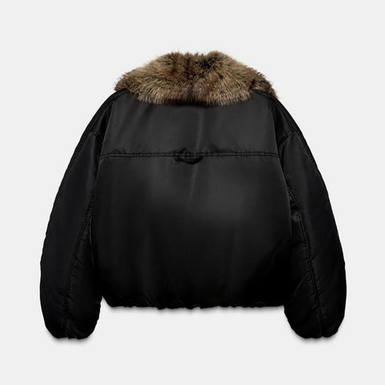 Damen Oversize-Bomberjacke mit voluminösem Fellkragen und Satinärmeln Shop Nory
