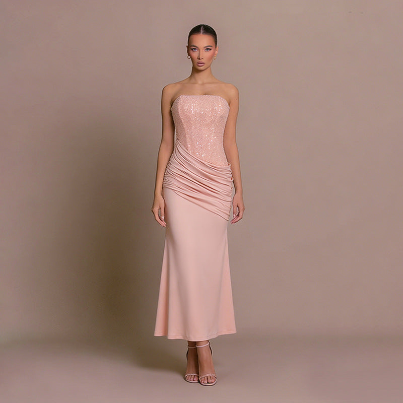 Damen Elegantes langes Abendkleid mit figurschmeichelndem Rüschendesign und schimmernden Pailletten Shopnory