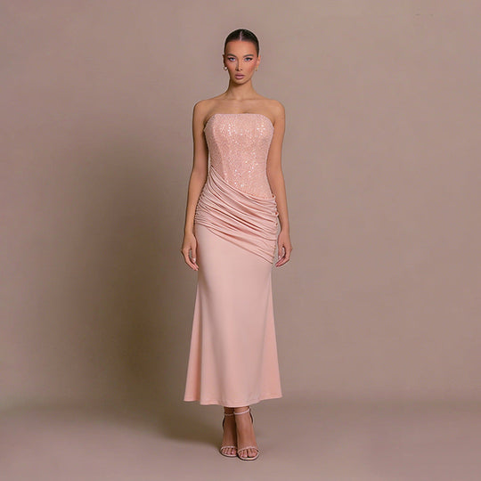 Damen Elegantes langes Abendkleid mit figurschmeichelndem Rüschendesign und schimmernden Pailletten Shopnory