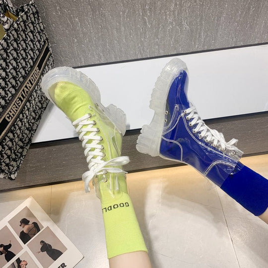 Damen trendige Stiefeletten im transparenten Design mit knalligem Detail
