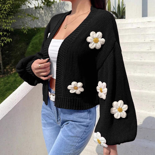 Damen Strickjacke mit floralen Applikationen und lockerer Passform