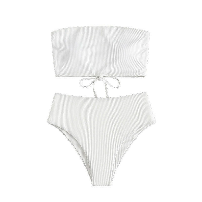 Damen Bandeau-Bikini mit hohem Bund und Rippdesign