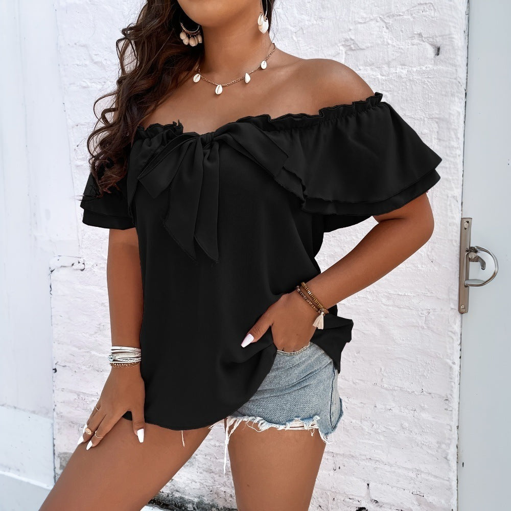 Damen Off-Shoulder Oberteil mit Schleifen-Details und Rüschensäumen