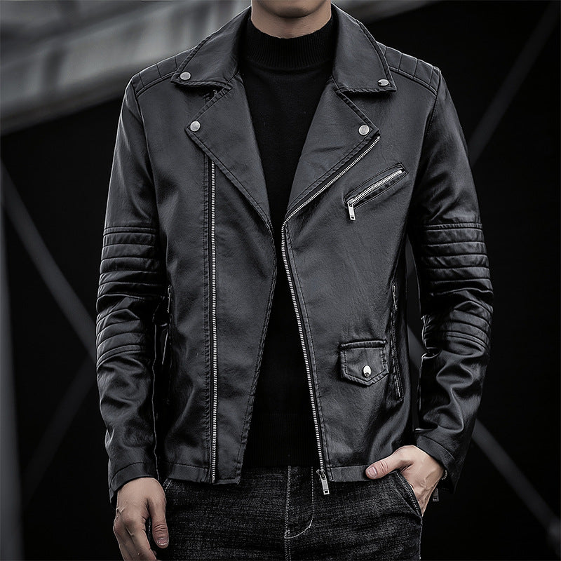 Herren schmal geschnittene Kunstleder-Motojacke mit gesteppter Schulter- und Ärmeldetail Shop Nory