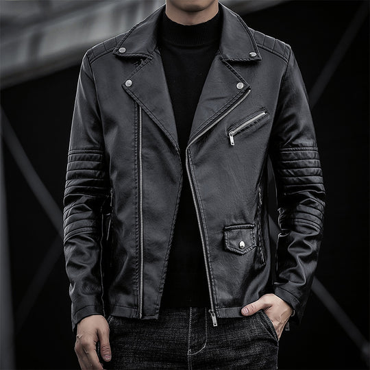 Herren schmal geschnittene Kunstleder-Motojacke mit gesteppter Schulter- und Ärmeldetail Shop Nory