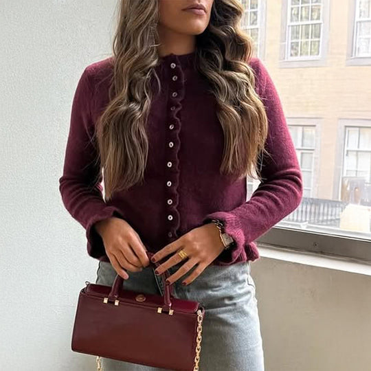 Damen nan kurz geschnittener Strickcardigan mit Volantknopfleiste und gerafften Bündchen Shop Nory