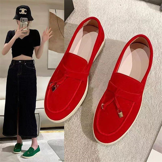 Damen Veloursleder Slipper mit dekorativer Quaste und profilierter Gummisohle Shop Nory