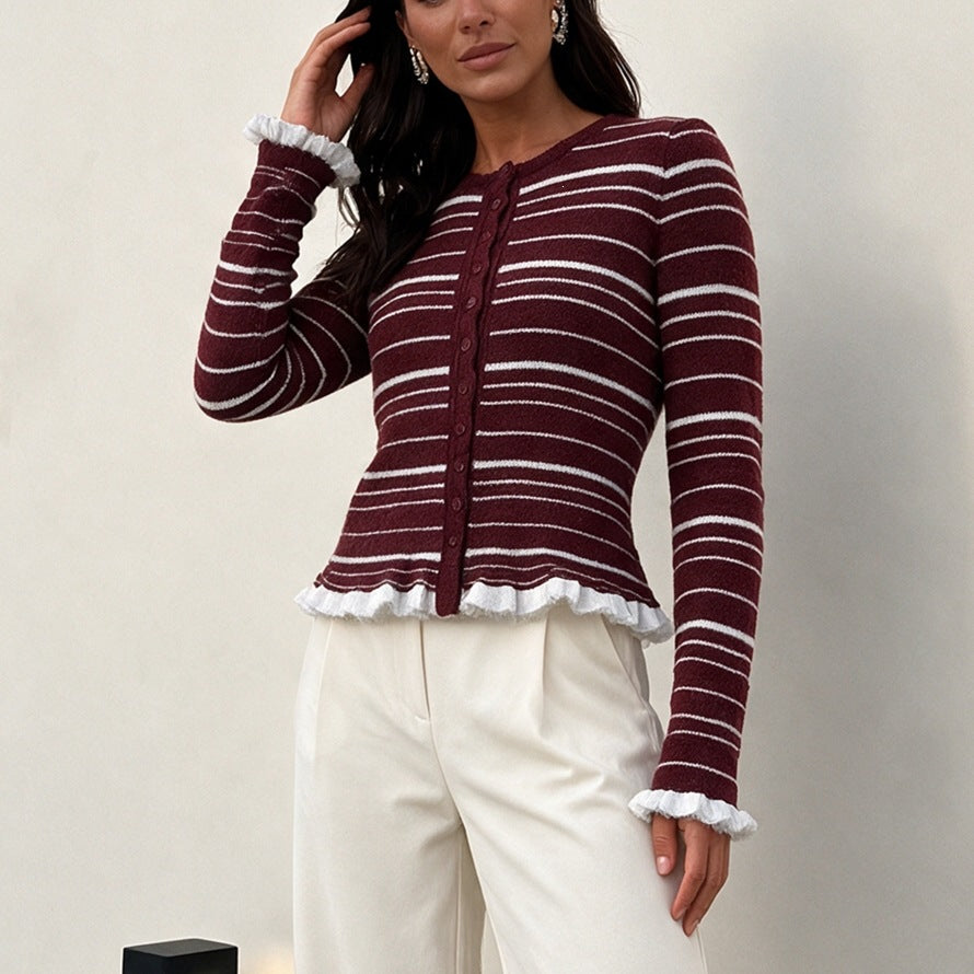 Damen Feinstrick-Buttoncardigan mit Streifen, Rüschenbesatz & taillierter Passform Shop Nory