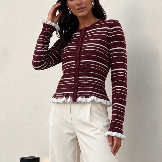 Damen Feinstrick-Buttoncardigan mit Streifen, Rüschenbesatz & taillierter Passform Shop Nory