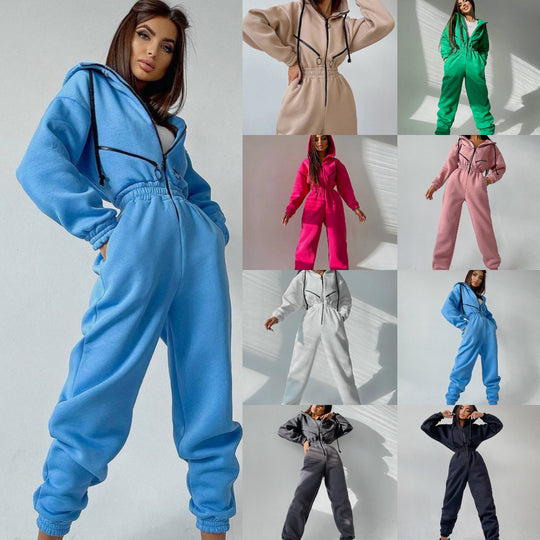 Damen taillierter Kapuzen-Jumpsuit mit elastischem Bund und markanten Kontrast-Reißverschlüssen Shop Nory