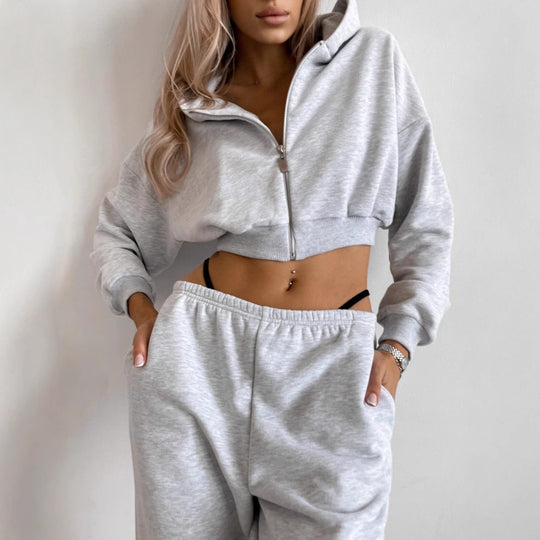 Damen kurzes Zip-Hoodie-Lounge-Set mit taillenhoher Relax-Sweathose Shop Nory