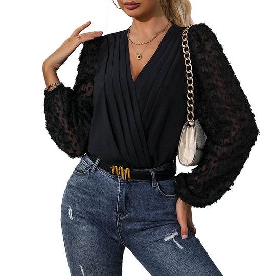 Damen Wickel-Bluse mit transparenten Strukturärmeln und V-Ausschnitt Shop Nory