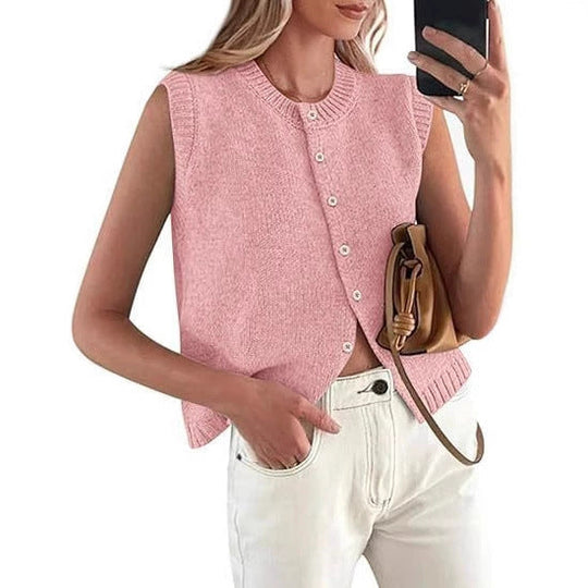 Damen lässige Strickweste mit Knopfleiste und Rundhalsausschnitt