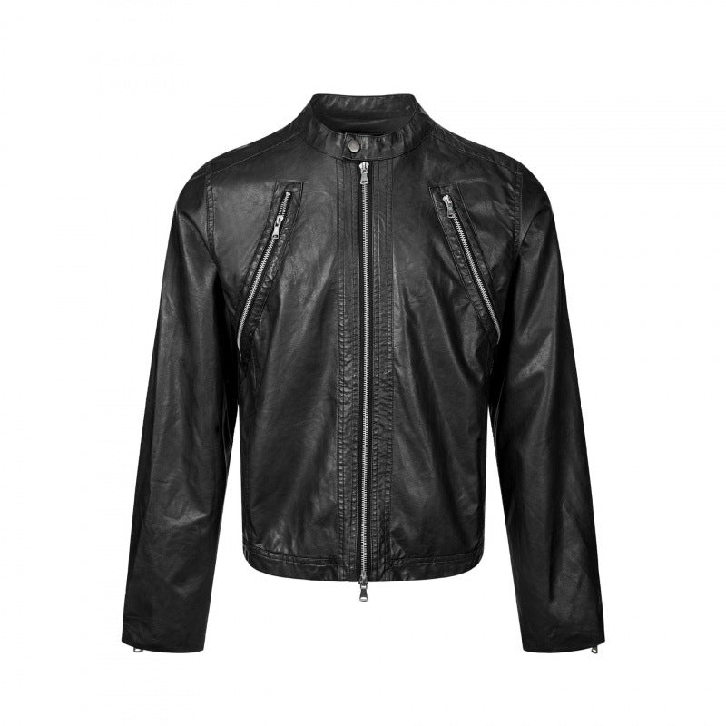 Herren Lederjacke im Bikerstil mit Stehkragen und diagonalen Reißverschlusstaschen Shop Nory