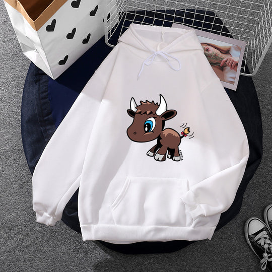 Damen nan Kapuzenpullover mit charmantem Stier-Karikaturprint, Kängurutasche und entspanntem Oversize-Schnitt Shop Nory