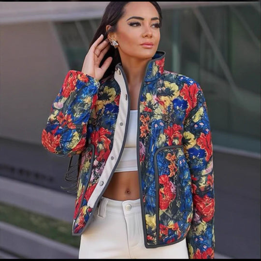 Damen Gesteppte Übergangsjacke mit floralem Allover-Muster und Stehkragen Shop Nory