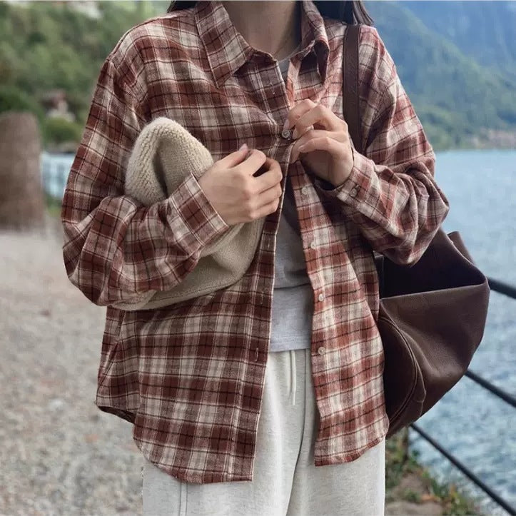 Damen Relaxed-Karo-Flanellhemd mit weichem Griff, kastiger Passform und Knopfleiste Shop Nory