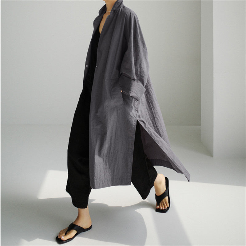 Damen Leichter Long-Duster im Crinkle-Look mit Stehkragen, tiefen Seitenschlitzen und Eingrifftaschen Shop Nory