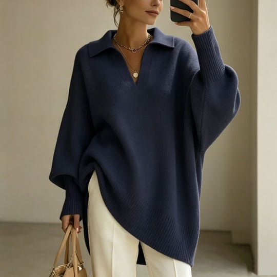 Damen Oversize-Polokragen V-Ausschnitt Strickpullover mit Ballonärmeln Shop Nory