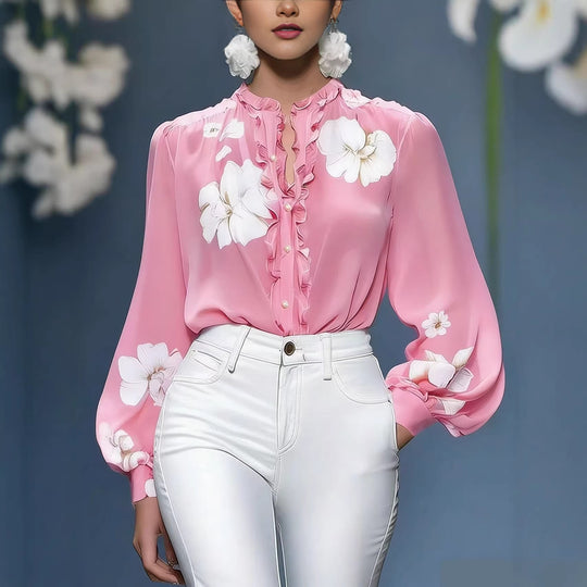 Damen Seidenbluse mit Rüschenblende und floraler Applikation Shop Nory