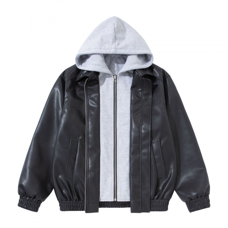 Unisex Oversize Kunstleder-Bomberjacke mit abgesetzter Kapuze, Reißverschluss und elastischem Saum Shop Nory