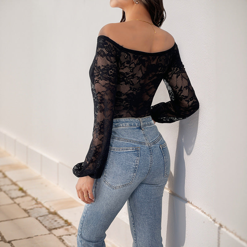 Damen Off-Shoulder Spitzen-Corsage-Body mit eingearbeiteten Stäbchen und transparenten Ärmeln Shop Nory