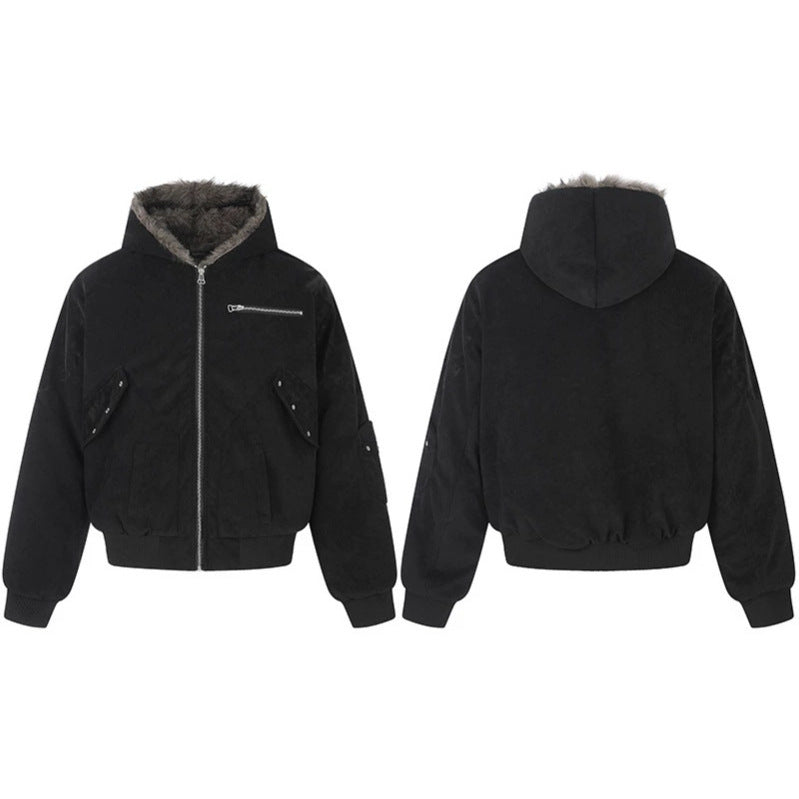 Damen Oversize Velours-Bomberjacke mit Kapuze, Kunstfellfutter und Reißverschluss-Front Shop Nory