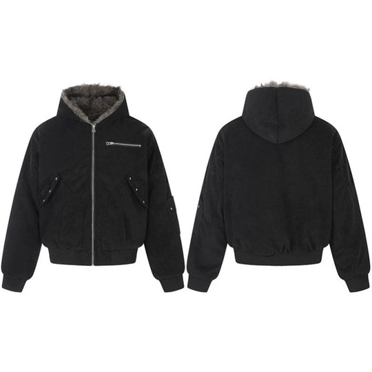 Damen Oversize Velours-Bomberjacke mit Kapuze, Kunstfellfutter und Reißverschluss-Front Shop Nory