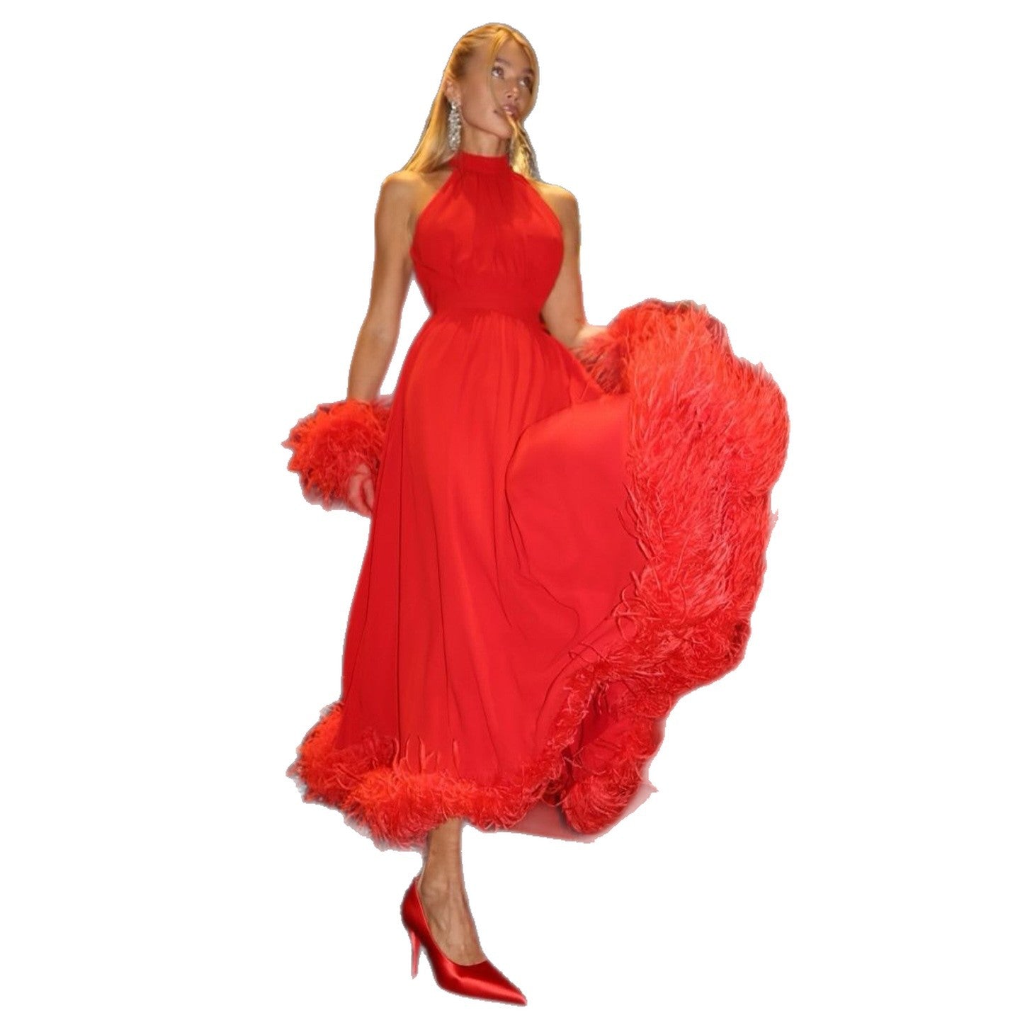 Damen Maxikleid mit eleganten Federn und hochgeschlossenem Design Shopnory