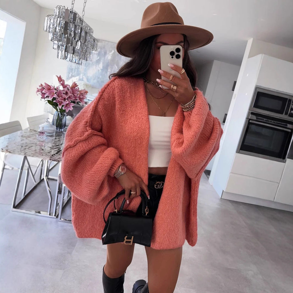 Damen oversized Strickjacke mit lässigen Ballonärmeln und strukturiertem Material