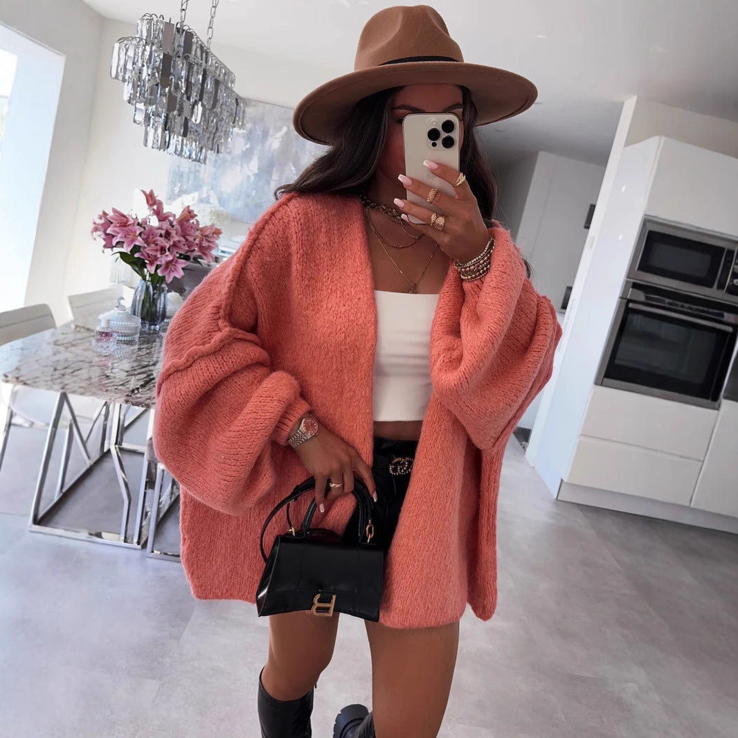 Damen oversized Strickjacke mit lässigen Ballonärmeln und strukturiertem Material