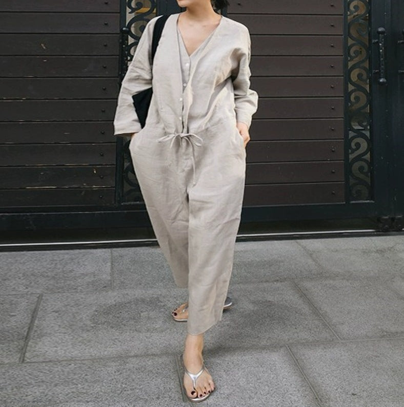 Damen Leinen-Overall mit V-Ausschnitt und Bindegürtel Shop Nory