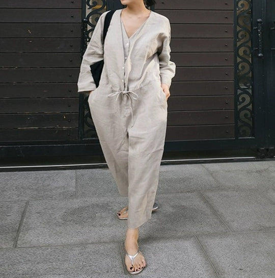Damen Leinen-Overall mit V-Ausschnitt und Bindegürtel Shop Nory