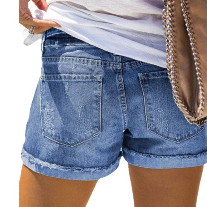 Damen Modische Destroyed Denim-Shorts mit floralem Design