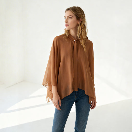 Damen Chiffon-Cape mit Schleifenkragen und Zierknopf Shop Nory