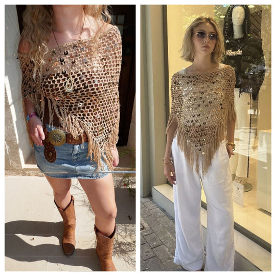 Damen dekorativer Spitzen-Poncho mit eleganten Pailletten und Fransen