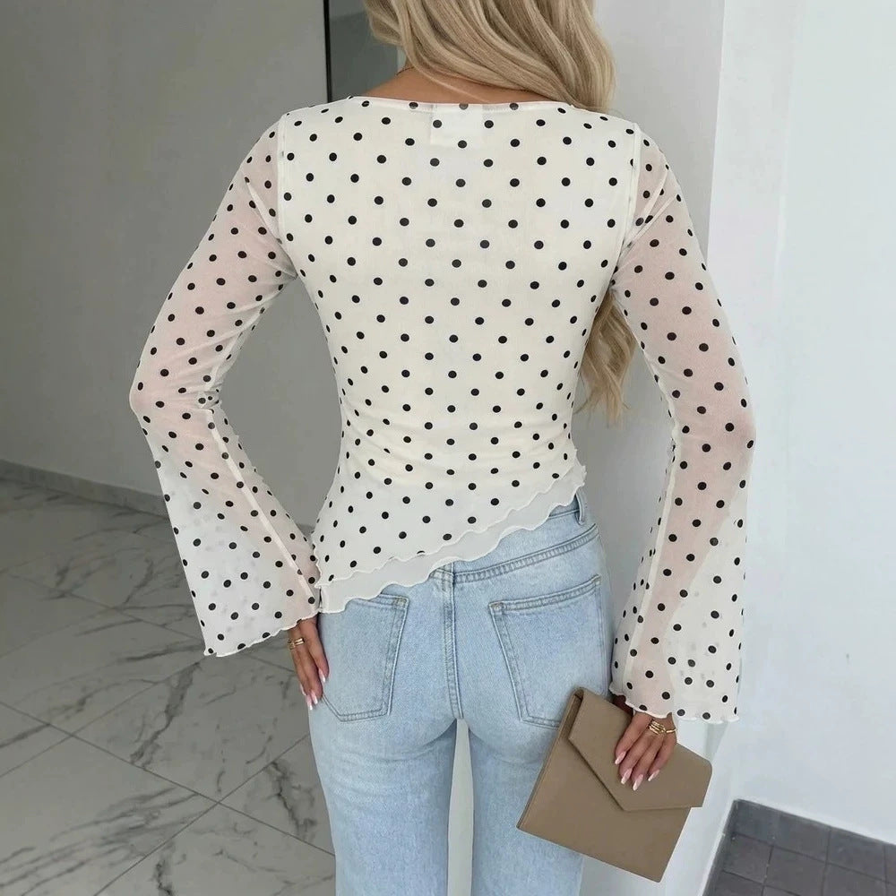 Damen Transparente Mesh-Polka‑Dot-Bluse mit taillierter Passform und Glockenärmeln Shop Nory