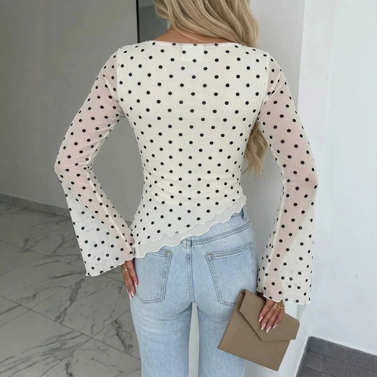 Damen Transparente Mesh-Polka‑Dot-Bluse mit taillierter Passform und Glockenärmeln Shop Nory