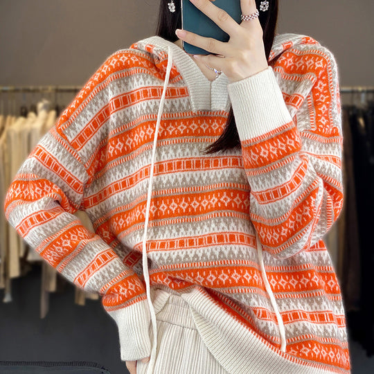 Damen Oversize Jacquard-Strickkapuzenpullover mit V‑Schlitz und gerippten Bündchen Shop Nory