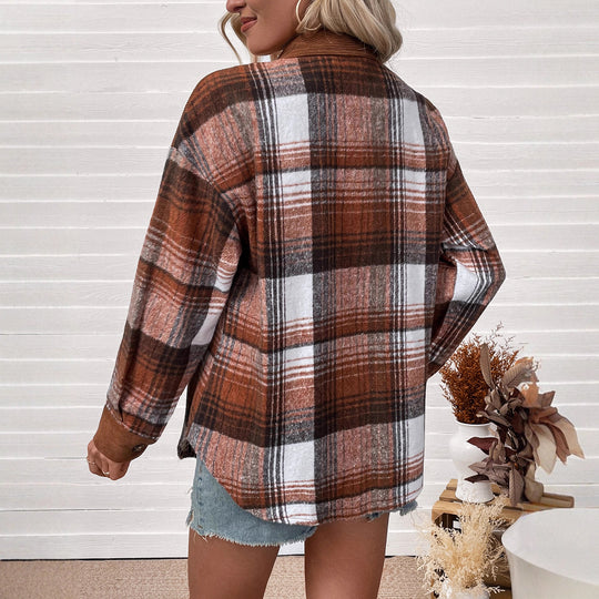 Damen Karierte Hemdjacke mit Cordbesatz und Oversize-Schnitt Shop Nory