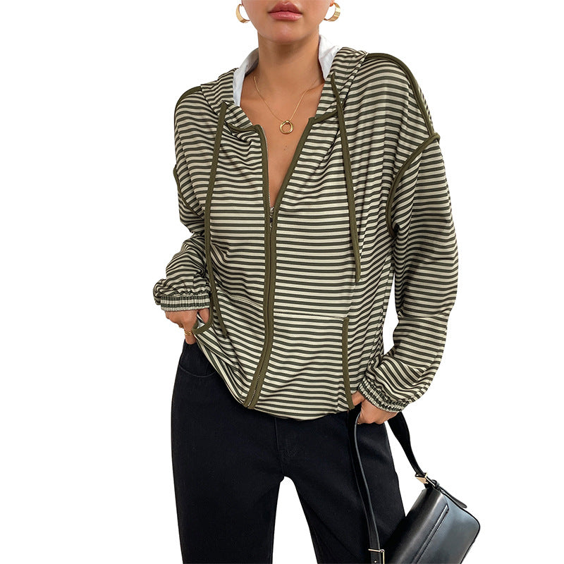 Damen Gestreifte Kapuzenjacke mit Reißverschluss, Tunnelzug und Elastischen Bündchen Shop Nory