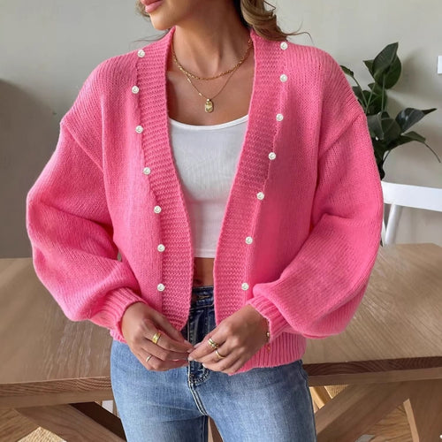 Damen grobstrick Cardigan mit Perlenknöpfen und Balloonärmeln Shop Nory