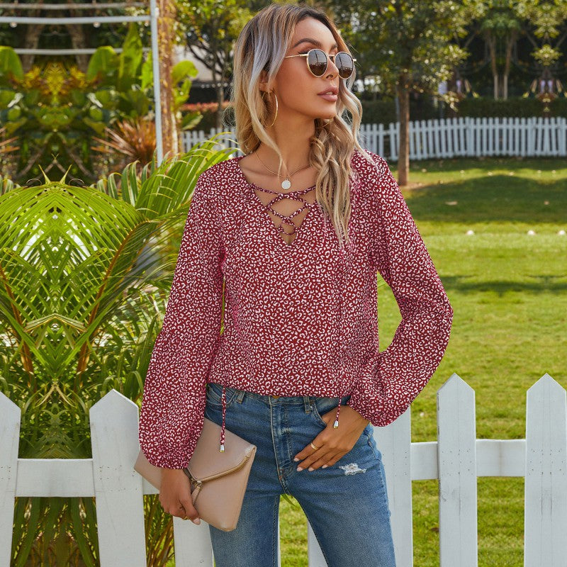 Damen Verspielte V-Ausschnitt-Bluse mit Schnürdetail, Tunnelzugsaum und Ballonärmeln Shop Nory