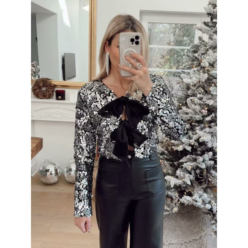 Damen Kurz geschnittene Pailletten-Bolerojacke mit dreifachen Satinschleifen und gefüttertem Innenfutter Shop Nory